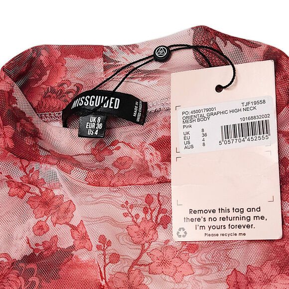 Missguided Mesh Dragon Print Bodysuit Mock Neck Long Sleeve Sheer Stretch 4 NWT - Picture 6 of 9